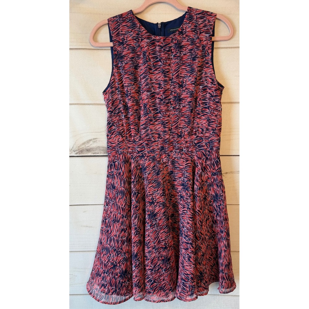 French Connection Pink Navy Abstract Palm Print Fit Flare Dress Size 8 71CDV